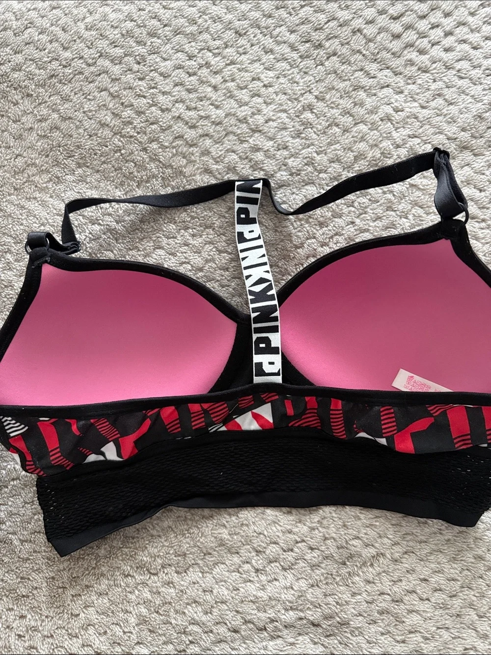 PINK Victoria's Secret Black, Red & White Graphic Racerback Sports Bra - Picture 2 of 3